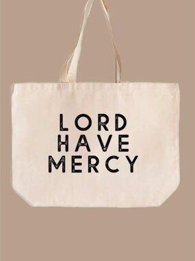 NWT Lord Have Mercy Oversized Cotton Canvas Tote Bag Cream Black